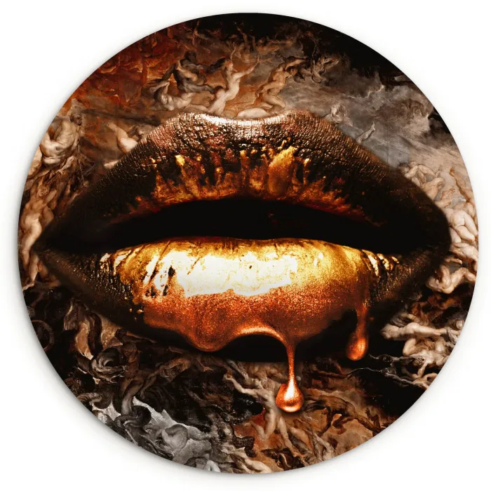 Goud - Lippen - Kunst Wandcirkel kunststof plaat 5mm dik klein -3d