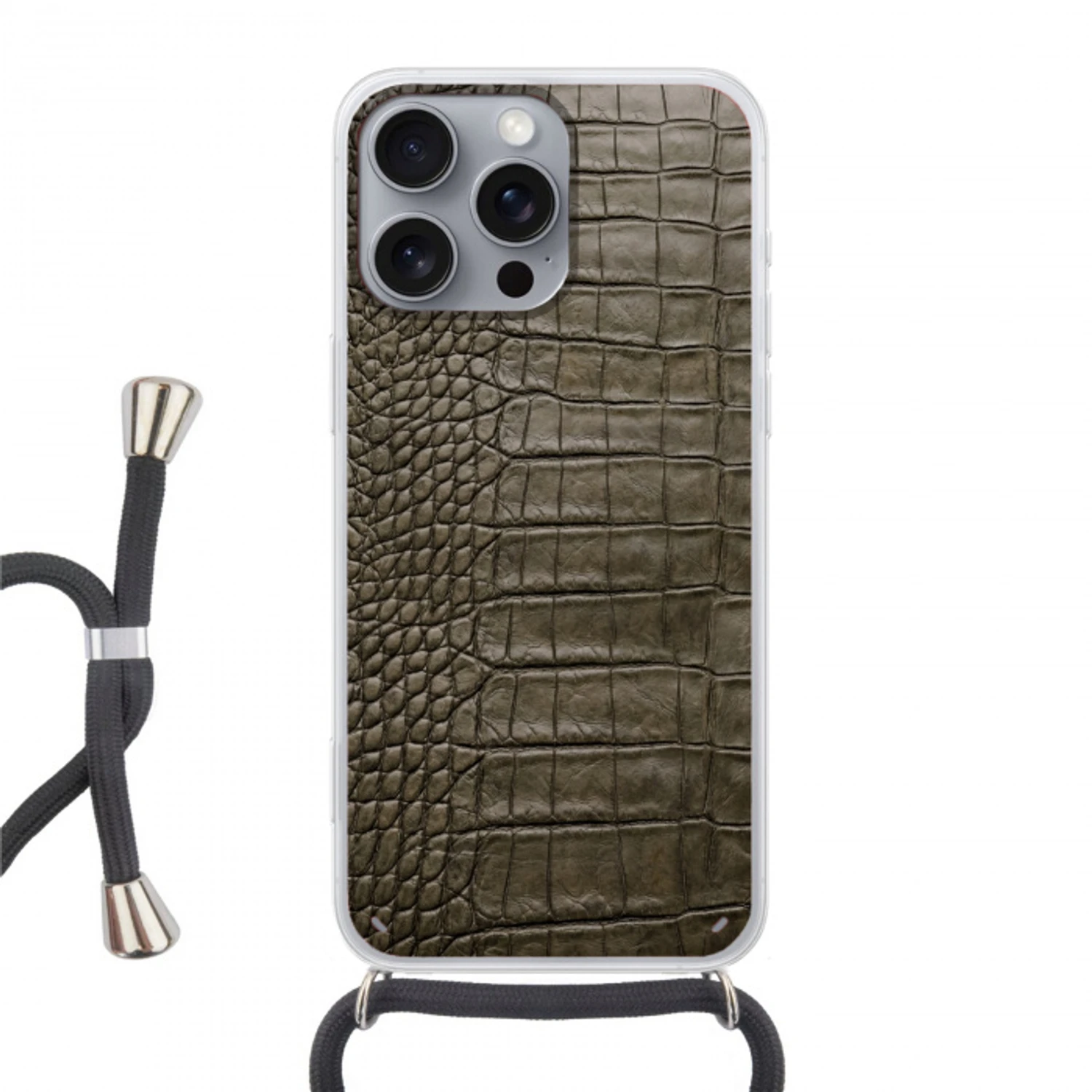 Krokodillenleer - Structuur - Groen Hoesje iPhone 16 Pro Max met koord klein -3d