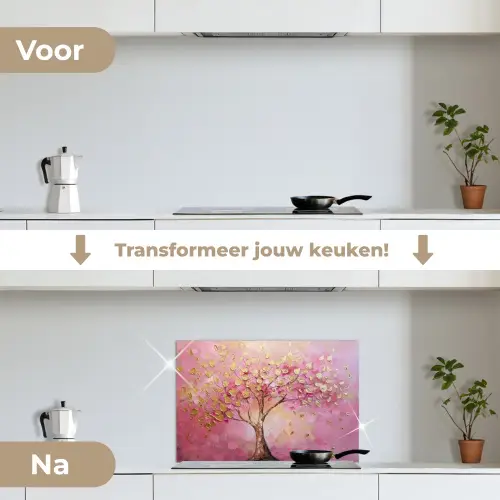 Boom - Roze - Goud - Modern keuken achterwand spatscherm klein -voor_na_NL