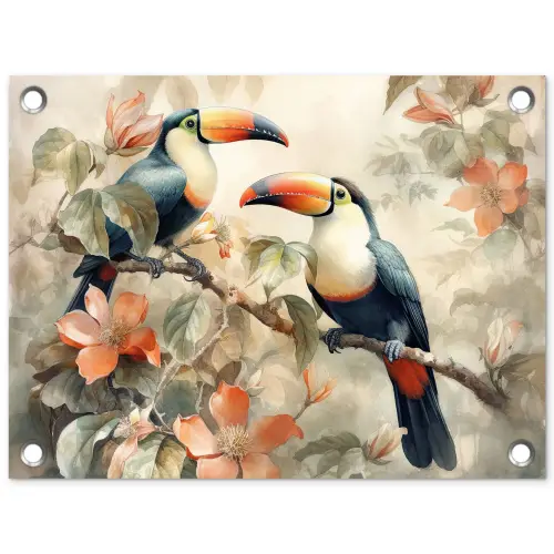 Toekan - Vogels - Bloemen - Tak tuinposter los doek klein -3d