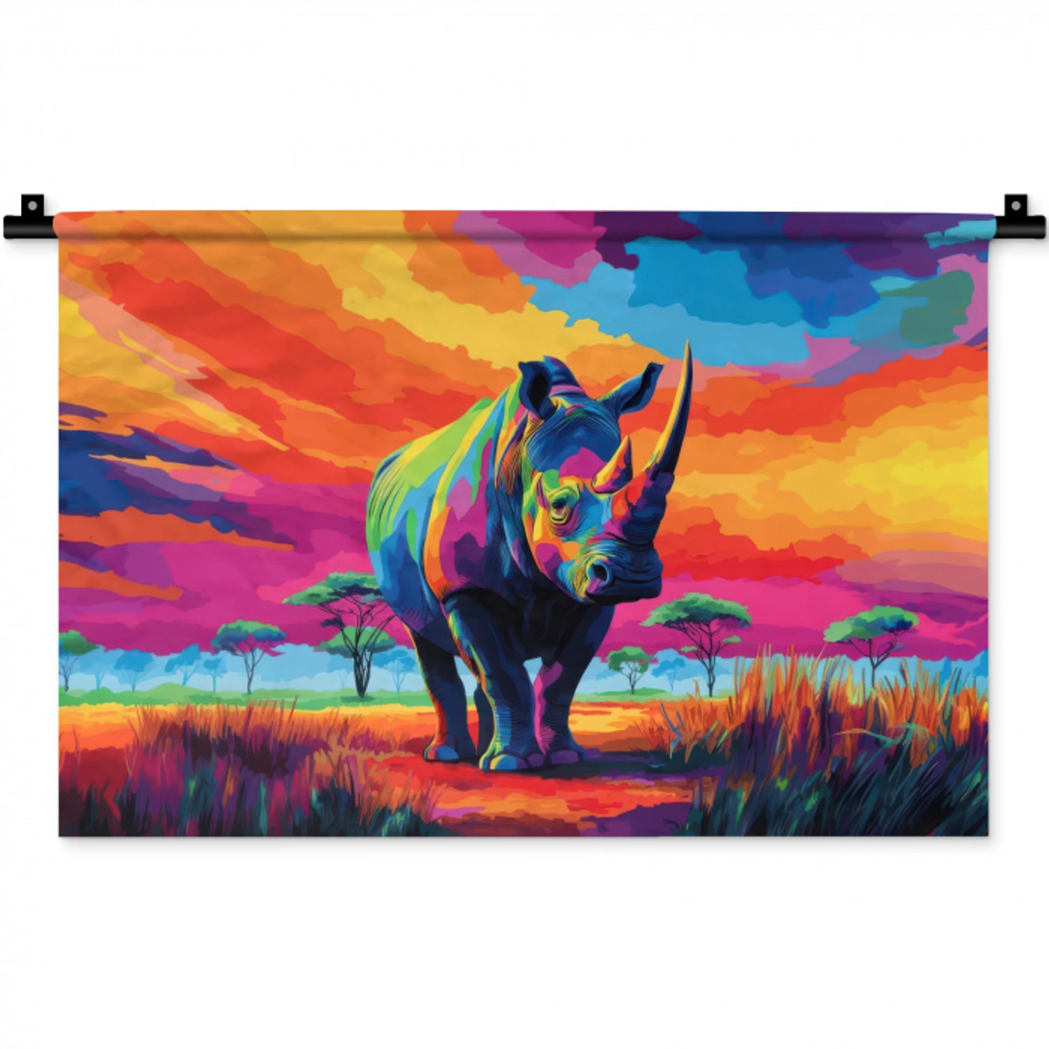 Neushoorn - Zonsondergang - Savanna - Kleurrijk Wandkleed katoen klein -zz3d