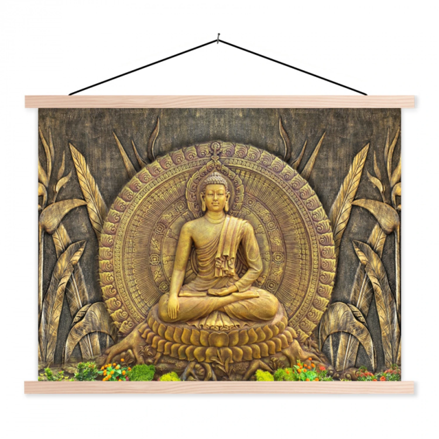 Goud - Boeddha beeld - Spiritueel - Meditatie textielposter latten blank klein -3d
