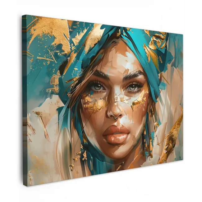 Canvas schilderij - Vrouw - Portret - Goud - Luxe - Blauw