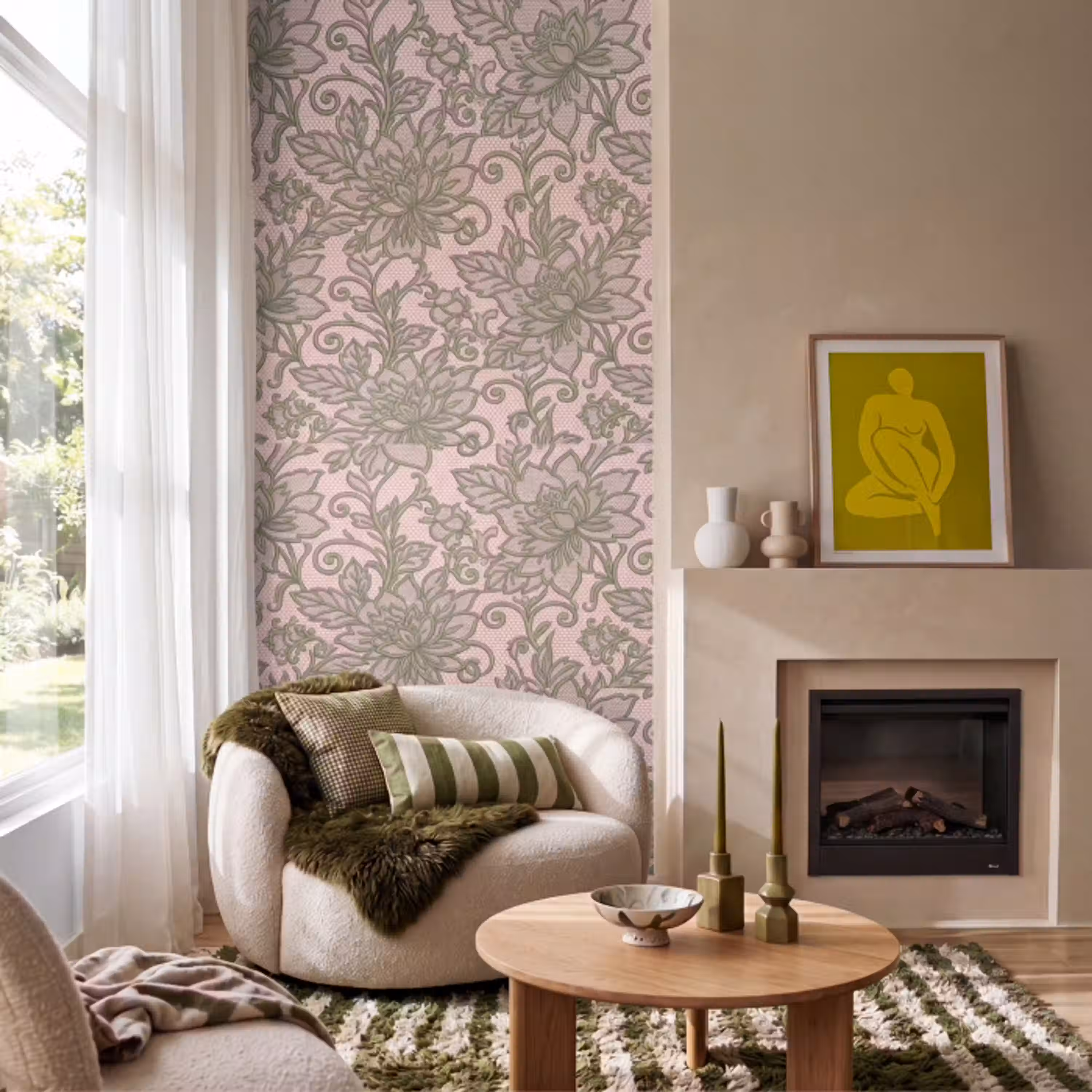 Bloemen - Kant - Patroon - Klassiek - Groen Behang Vlies klein -sfeer2