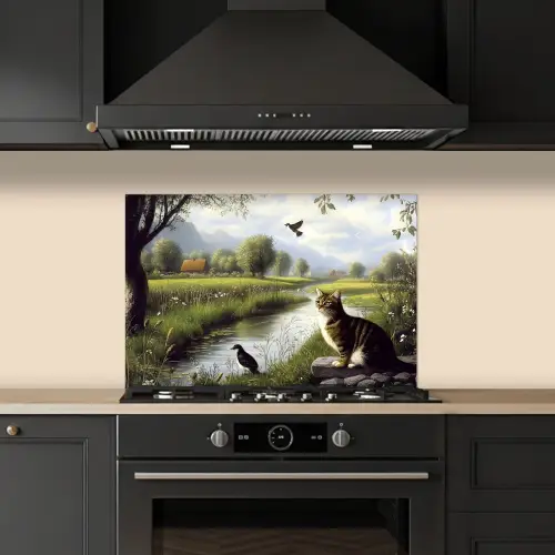 Kat - Beekje - Weide keuken achterwand spatscherm klein -sfeer1