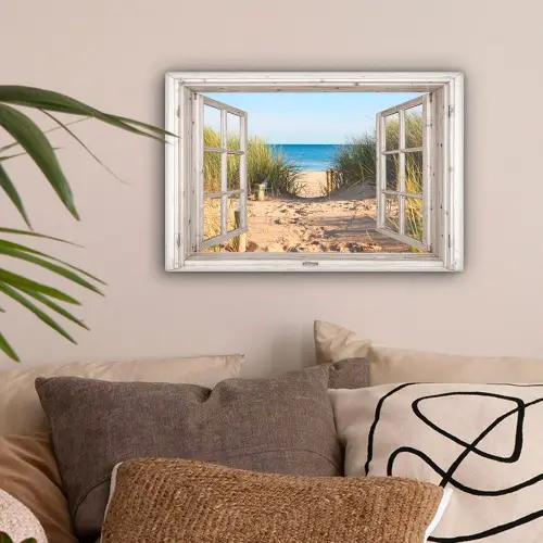 Doorkijk - Strand - Zee - Duinen - Zand - Water - Helmgras canvas 2cm klein -sfeer1