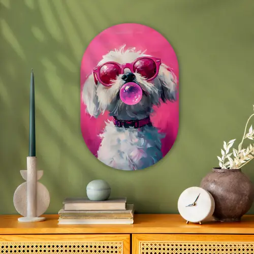 Pink - Hond - Bubbel Wandcirkel Ovaal Forex klein -sfeer2