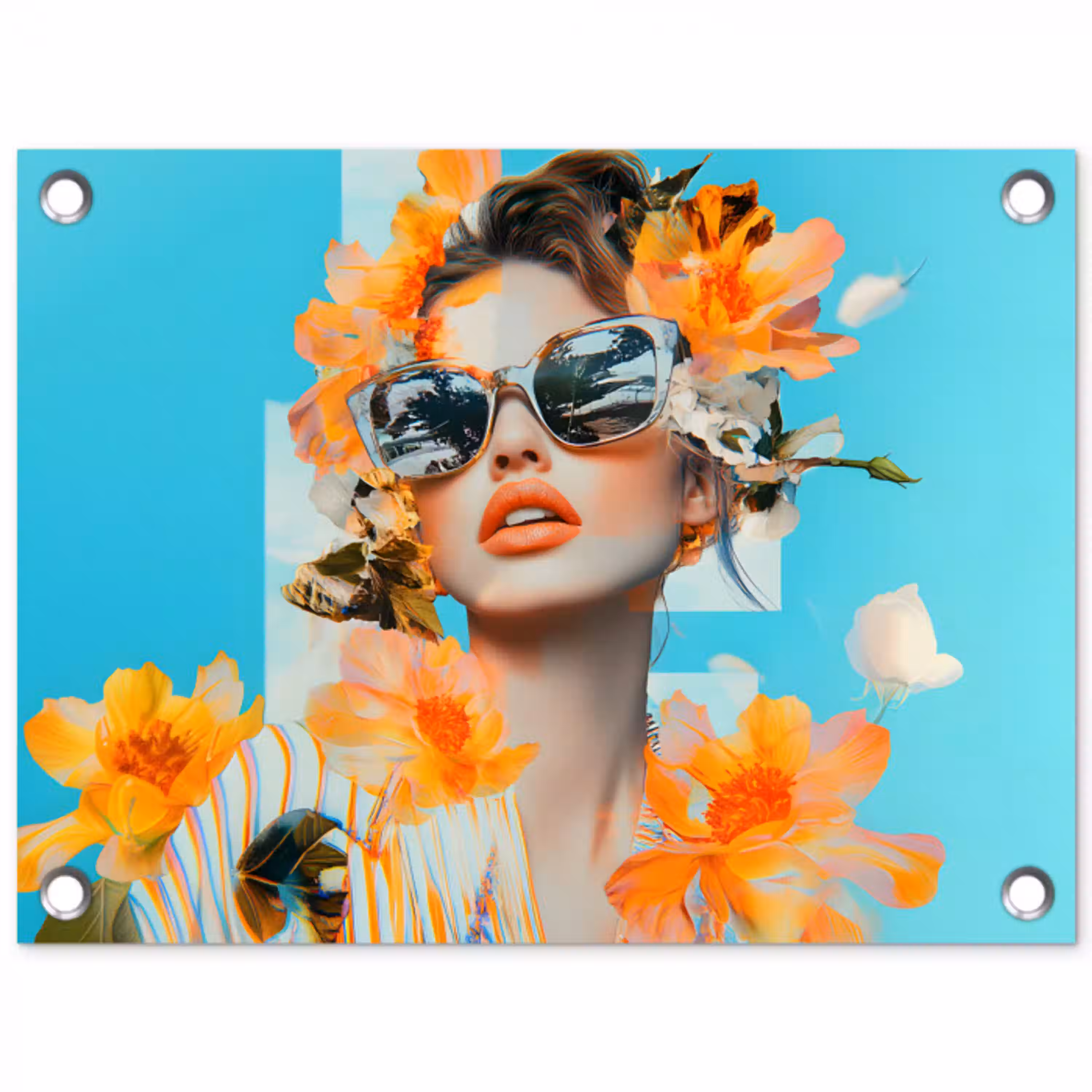 Bloemen - Vrouw - Zonnebril - Blauw tuinposter los doek klein -3d