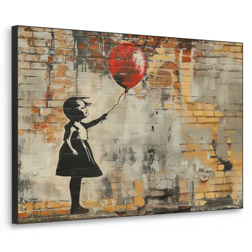 Graffiti - Banksy Style - Meisje met ballon Textielframe zwart klein -3d