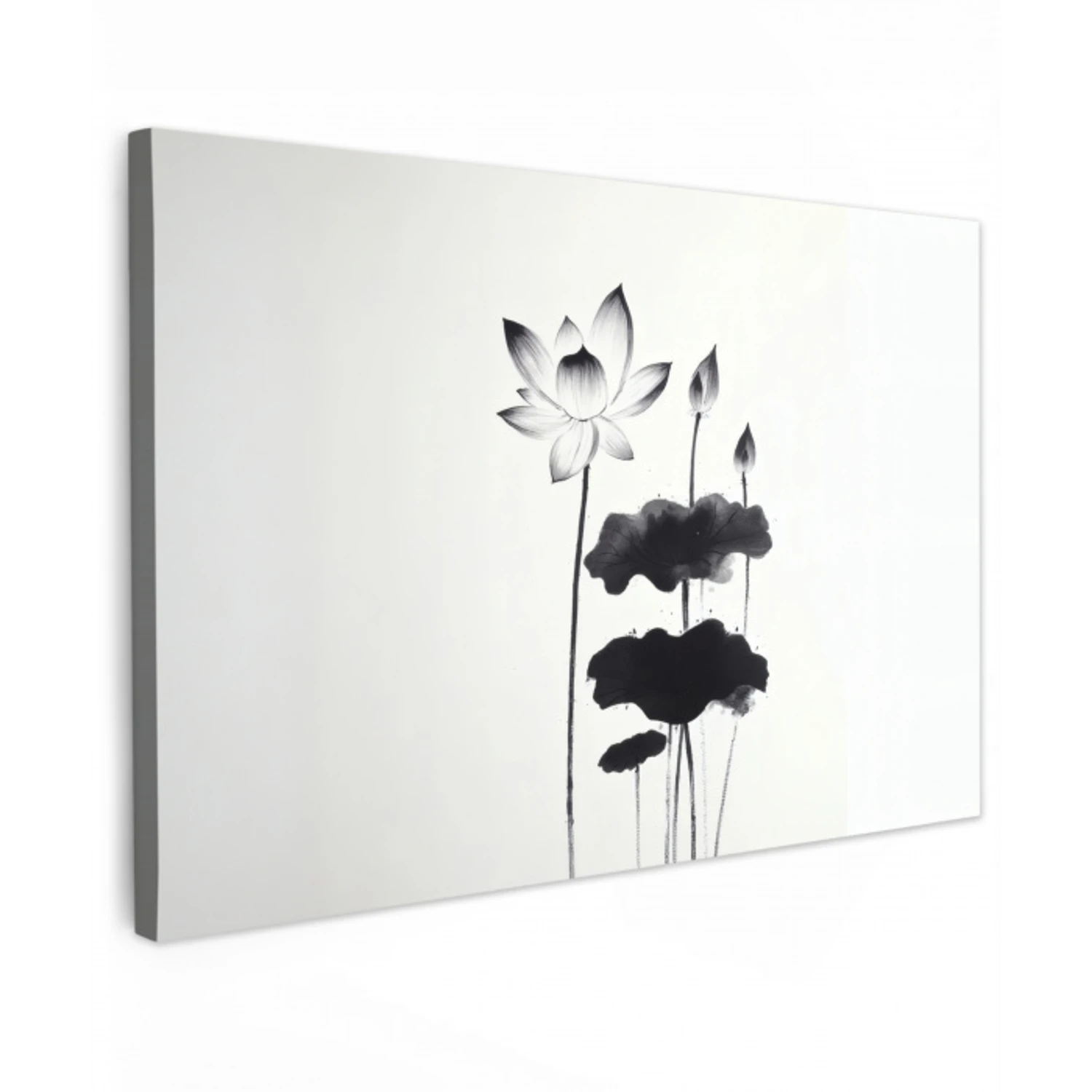 Bladeren - Zwart - Lotusbloem - Minimalitisch Tuinposter op houten frame 2 cm dik klein -3d