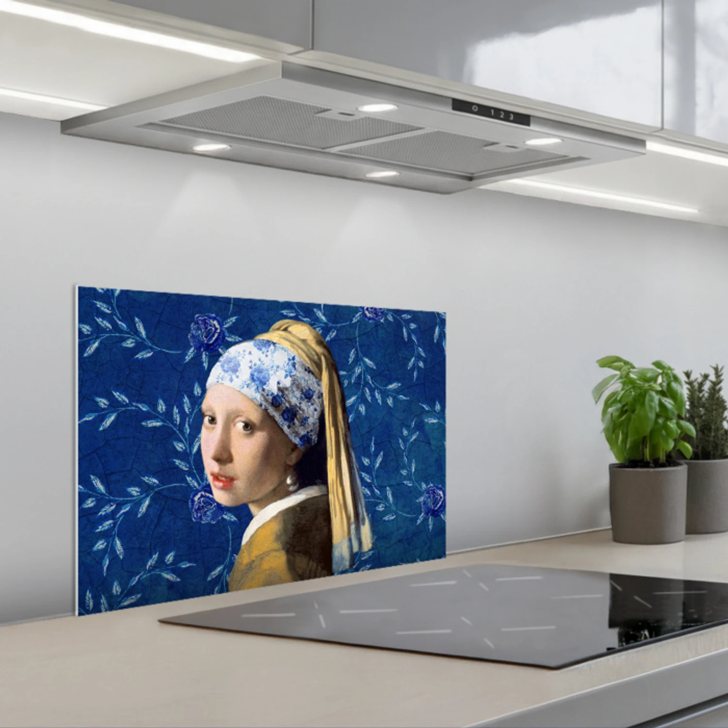 Meisje met de parel - Delfts blauw - Vermeer - Bloemen - Schilderij - Oude meesters keuken achterwand spatscherm klein -3d_schuin