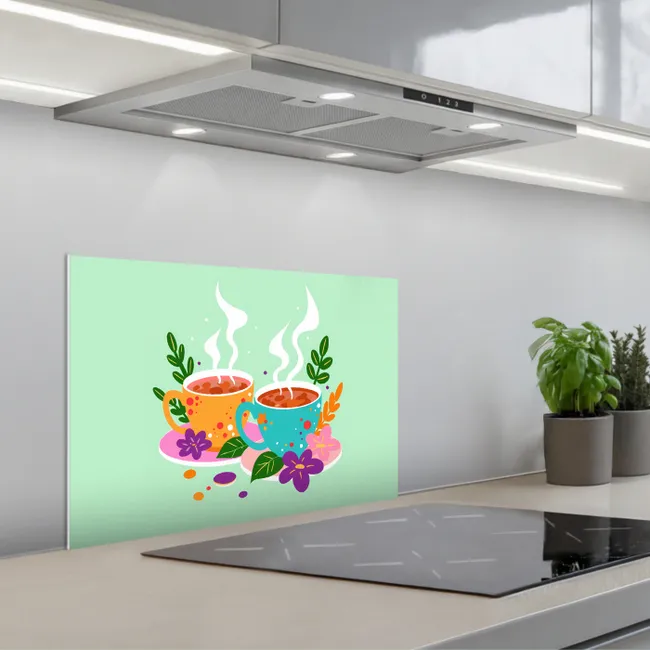 Thee - Illustratie - Kopjes - Bloemen keuken achterwand spatscherm klein -3d_schuin