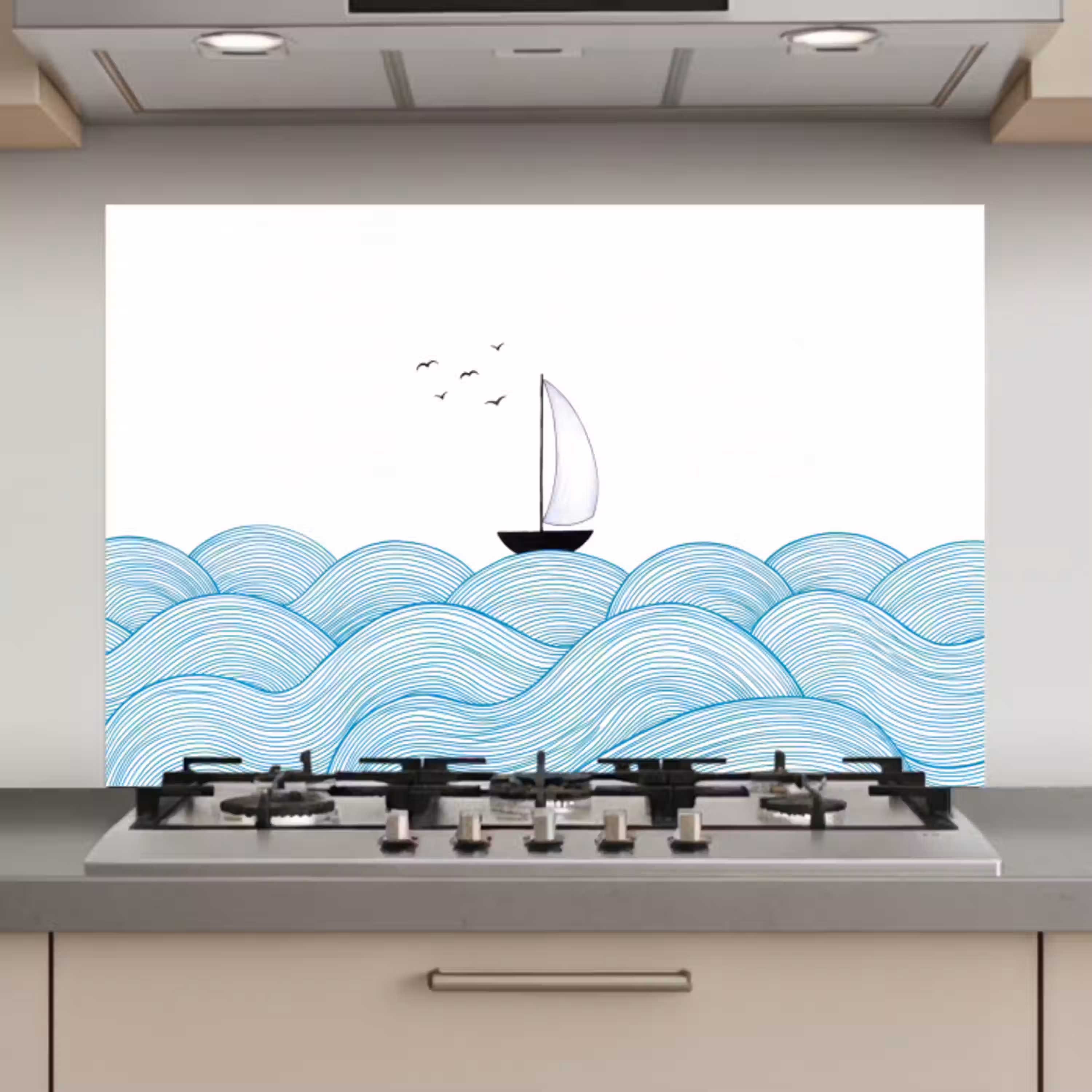 Zeilboot - Golven - Zee - Illustratie - Blauw keuken achterwand spatscherm klein -3d_website