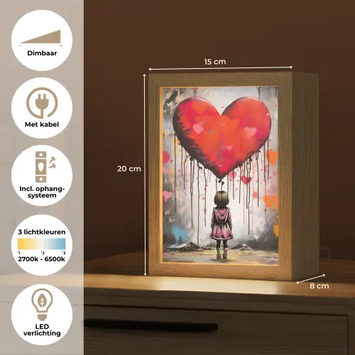 Meisje - Hart - Graffiti - Kunst - Kleuren - Rood Light Box met kabel (Tafellamp) klein -USP_NL