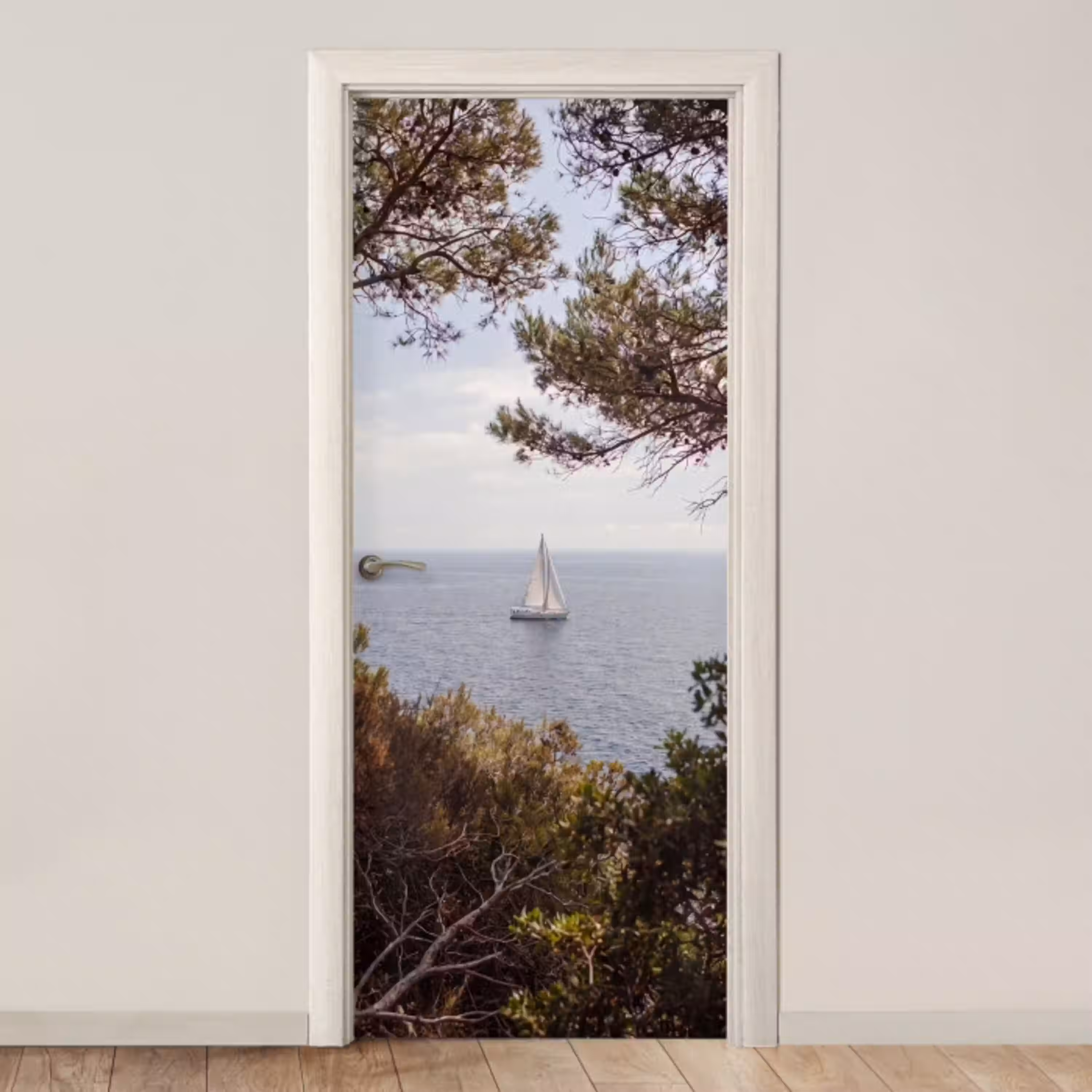Zeilboot - bomen - water deurposter klein -3d_beige
