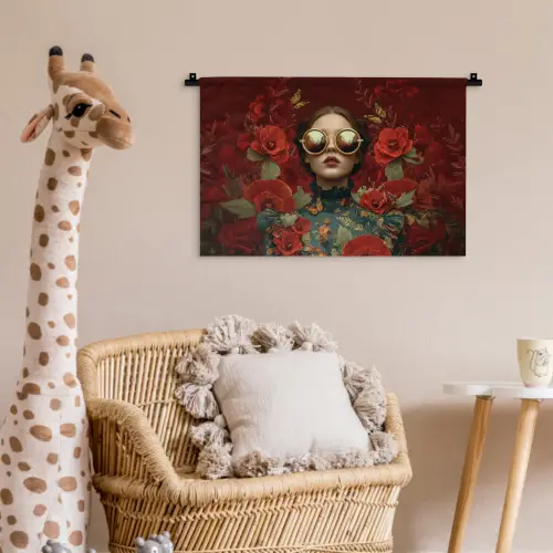 Bloemen - Dieprood - Zonnebril - Vrouw Wandkleed katoen klein -wsfeer5_kind