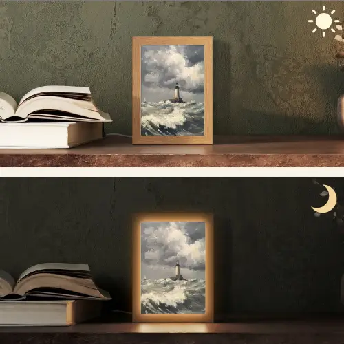 Vuurtoren - Golven - Storm Light Box met kabel (Tafellamp) klein -sfeer3