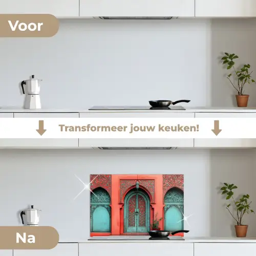 Lantaarn - Deur - Turquoise keuken achterwand spatscherm klein -voor_na_NL