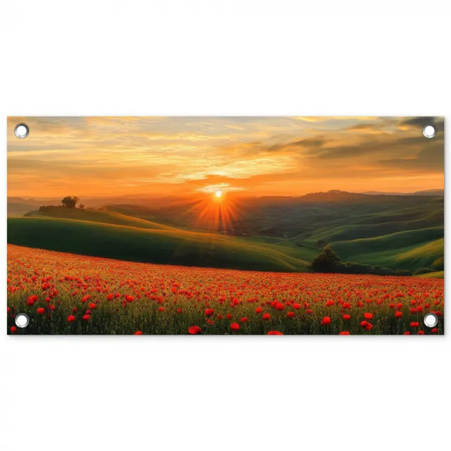 Klaprozen - Bloemen - Heuvels - Zonsondergang tuinposter los doek klein -3d