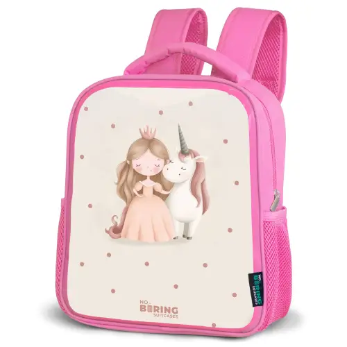 Prinses en een eenhoorn in pastel kleuren Kinderrugzak - Roze middel -schuin