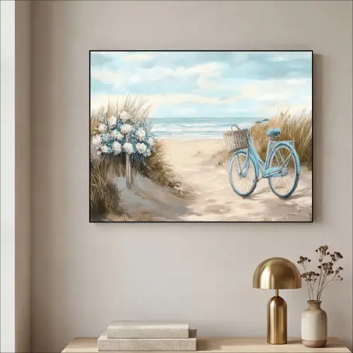 Strand - Zee - Fiets - Vintage - Bloemen Textielframe zwart klein -sfeer2