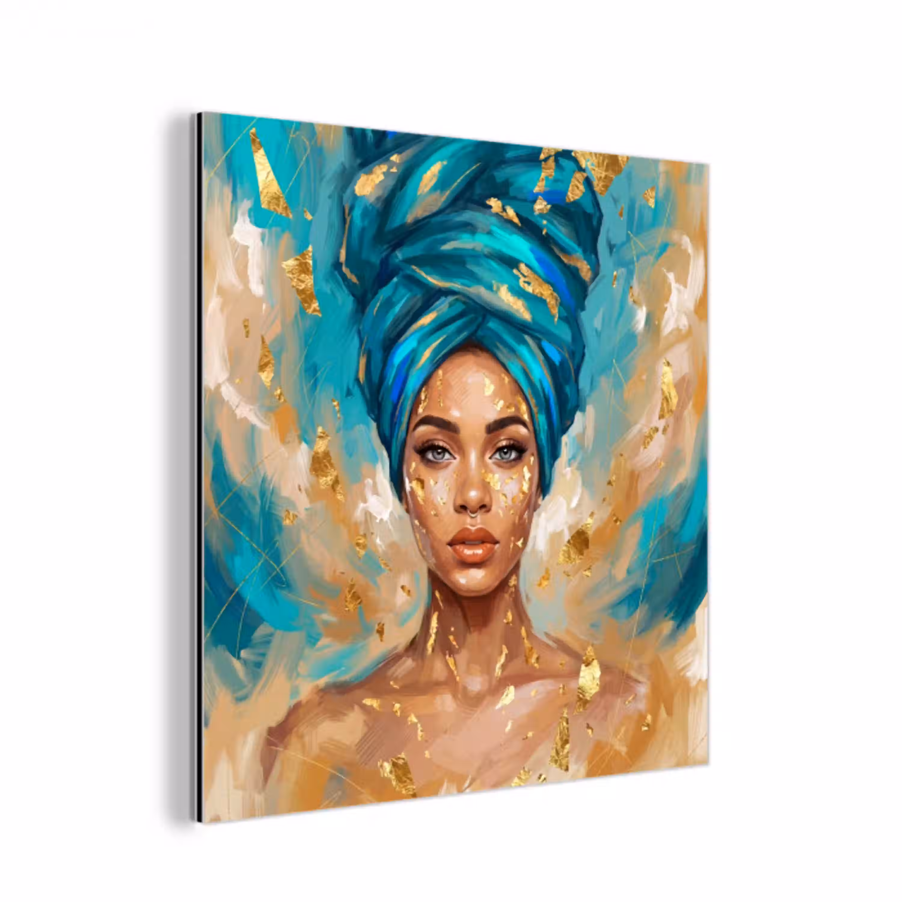 Portret - Vrouw - Schilderij - Blauw - Goud - Expressief aluminium wit klein -3d
