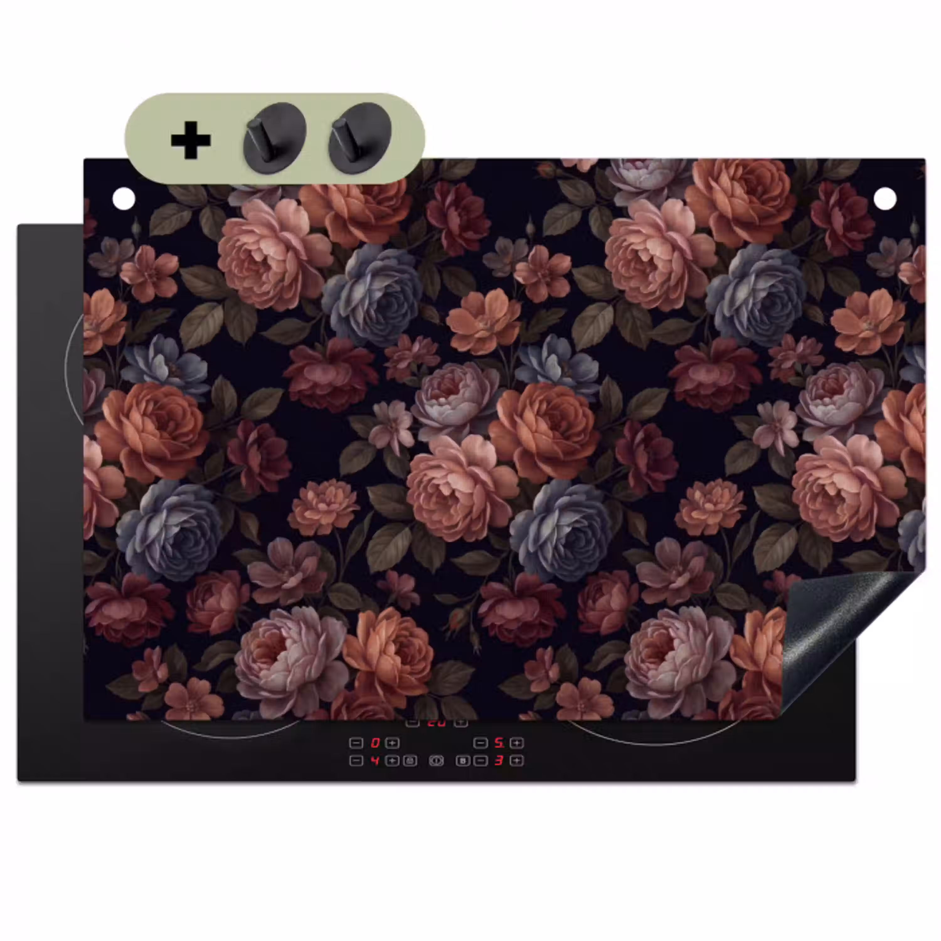 Bloemen - Patroon - Vintage - Donker - Roze Inductie beschemer met haakjes klein -3d
