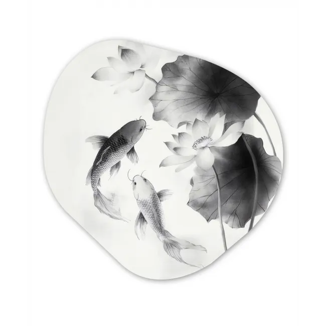 Lotusbloemen - Vissen - Bladeren - Zwart Wandcirkel Organisch Forex 3mm klein -3d