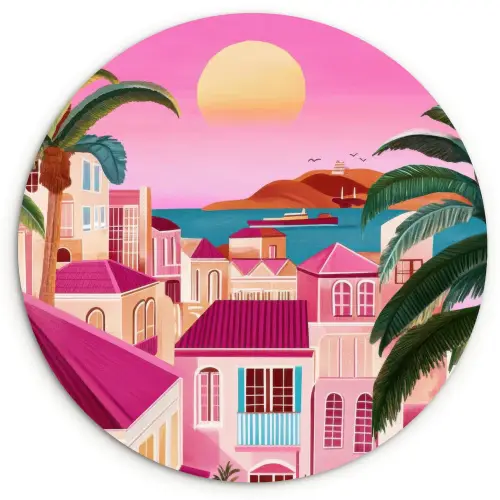 Stad - Roze - Palmbomen Wandcirkel kunststof plaat 5mm dik klein -3d