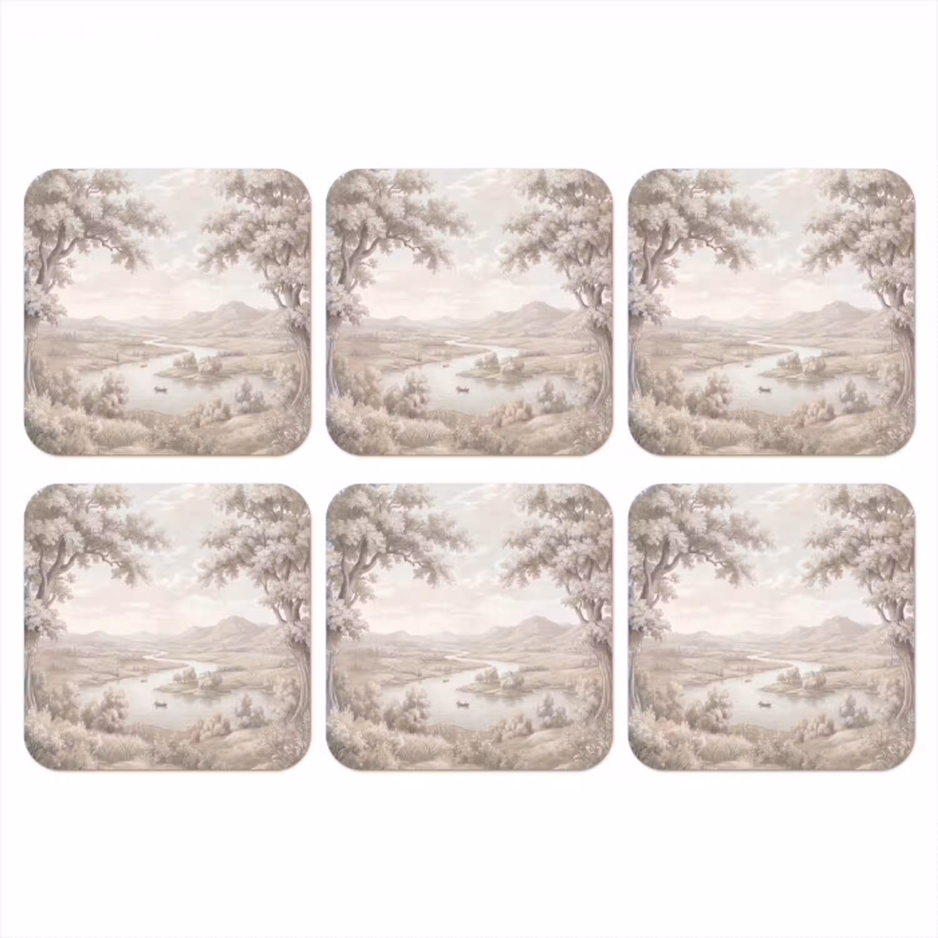 Rivierlandschap - Bergen - Natuur - Vintage - Beige onderzetter kurk middel -3d