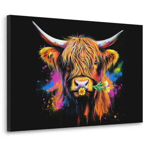 Schotse Hooglander - Graffiti - Kleurrijk - Bloem - Dieren Textielframe zwart klein -3d