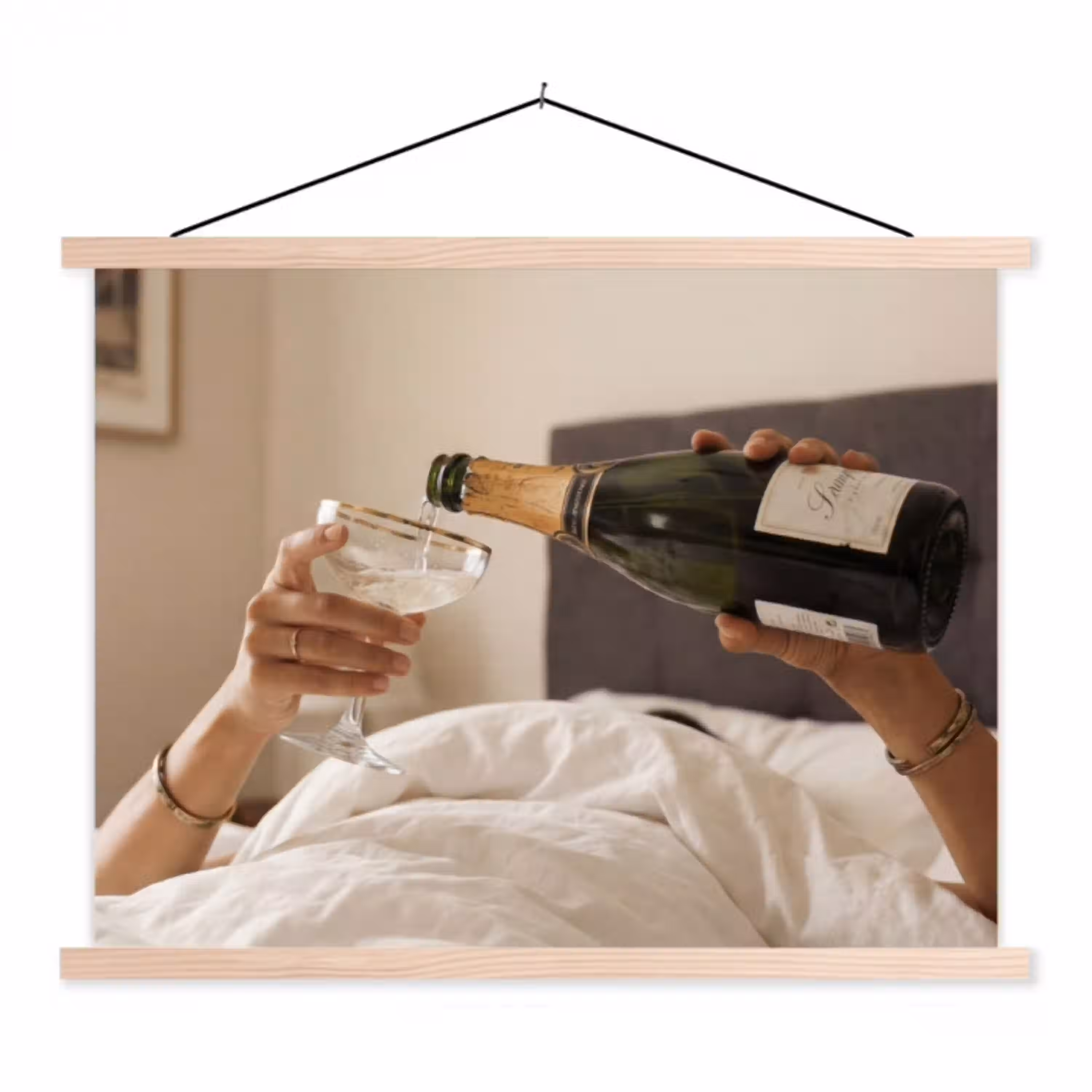 Champagne - Bed - Bubbels textielposter latten blank klein -3d