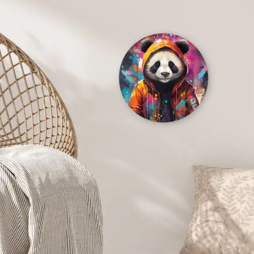 Panda - Jas - Graffiti - Oranje Wandcirkel kunststof plaat 5mm dik klein -sfeer5