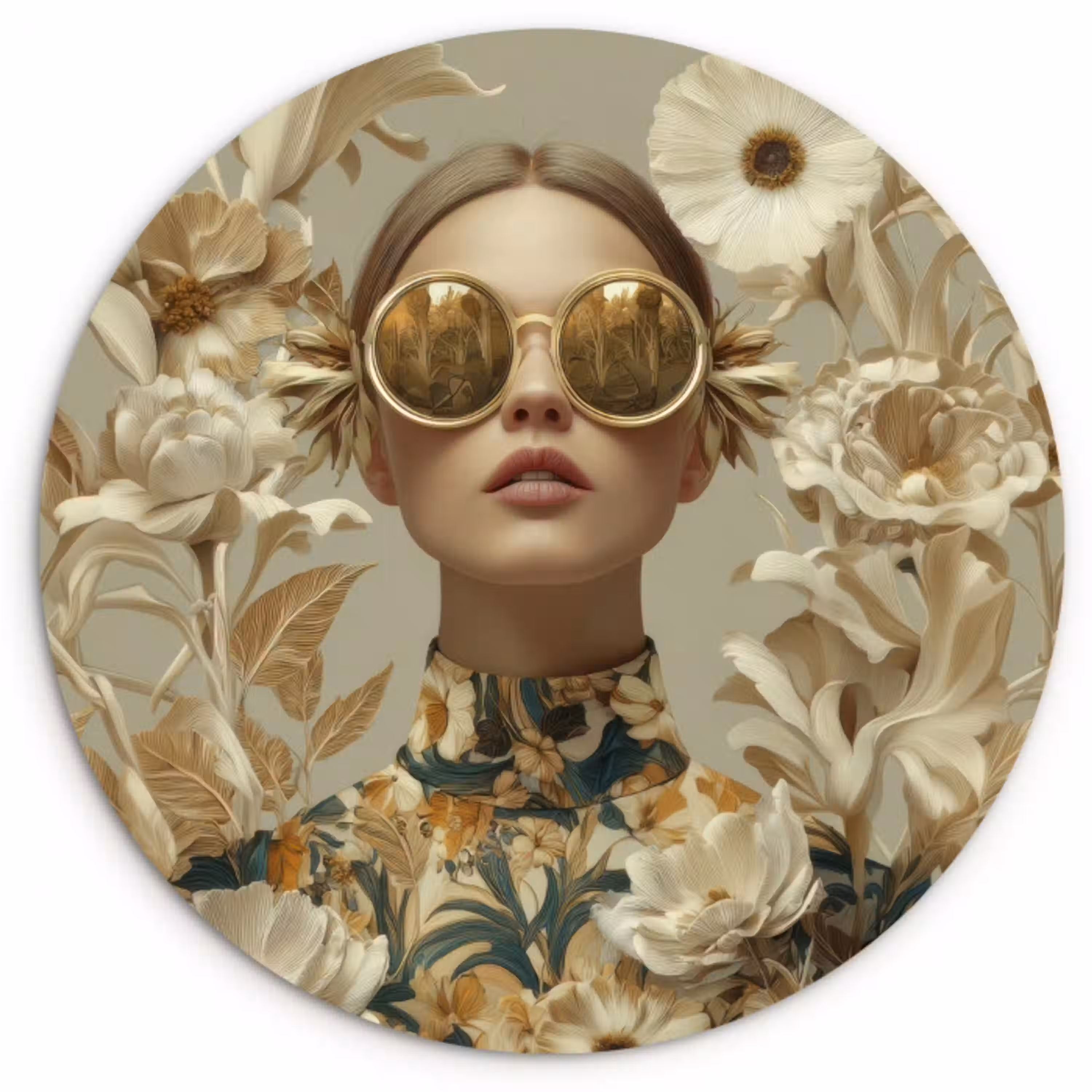 Vrouw - Bloemen - Zonnebril - Wit Wandcirkel kunststof plaat 5mm dik klein -3d