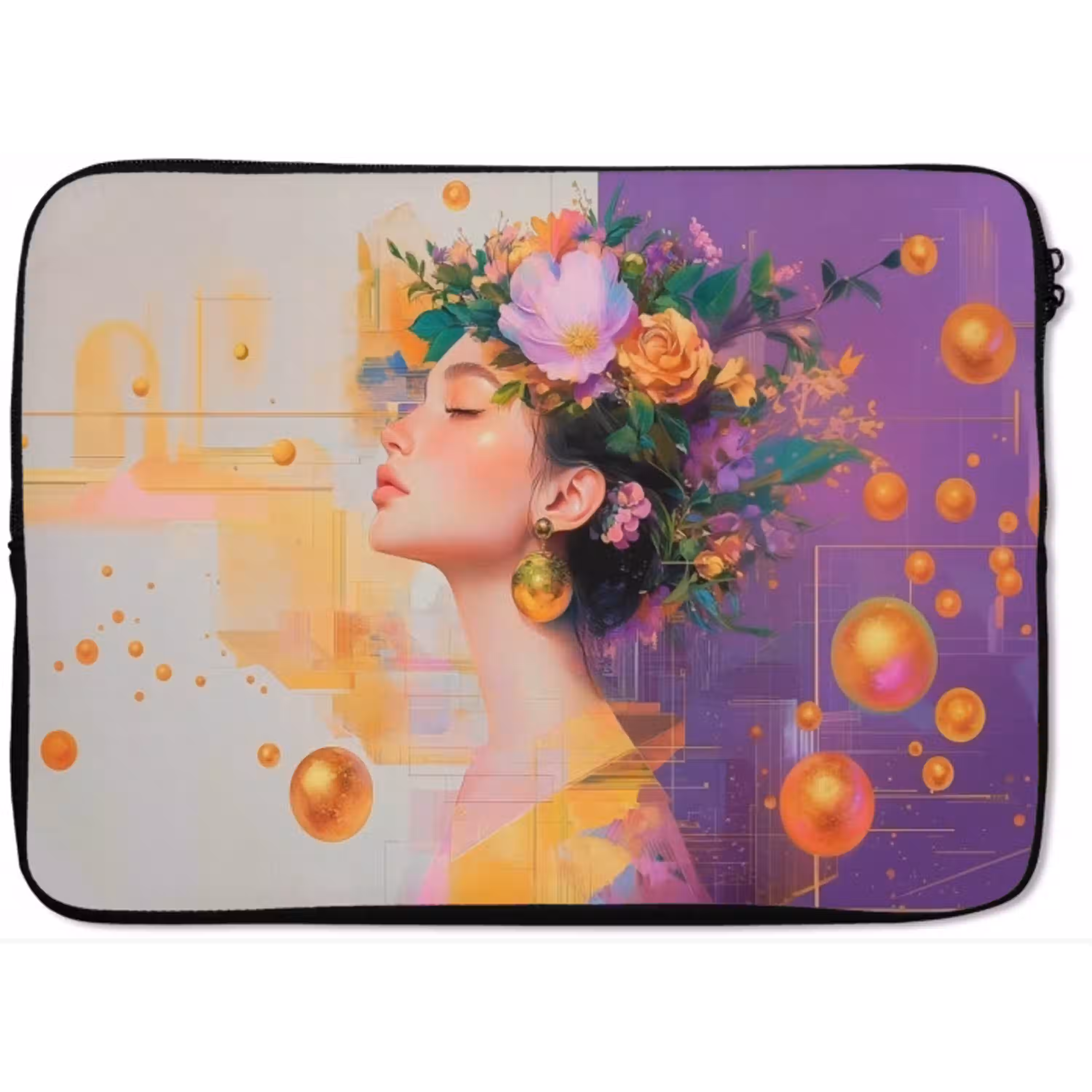 Abstract - Vrouw - Bloemenkroon - Goud laptophoes neopreen klein -zkaufland3dotto