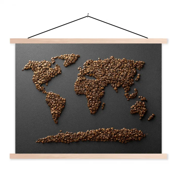 Wereldkaart - Koffie - Grijs textielposter latten blank klein -3d