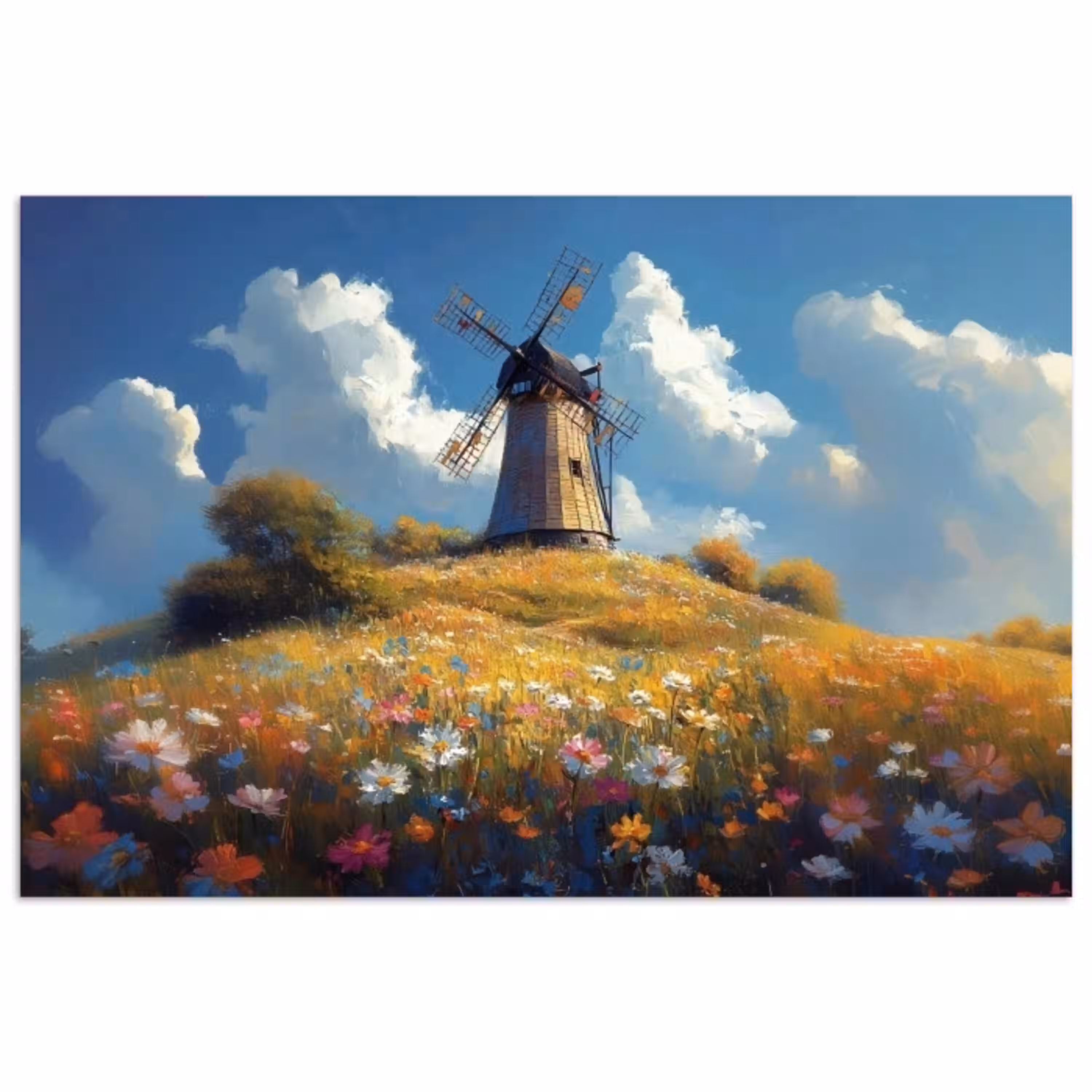 Windmolen - Heuvel - Bloemen - Kleurrijk poster papier klein -3d