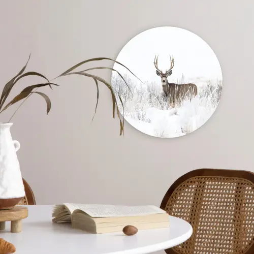 Hert - Winter - Sneeuw - Dieren - Seizoenen - Wit Wandcirkel kunststof plaat 5mm dik klein -sfeer4