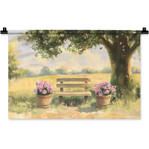 Houten bankje - Bloempotten - Landschap Wandkleed katoen klein -zz3d