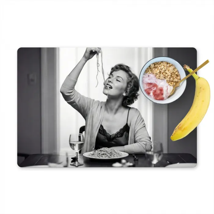 Vrouw - Spaghetti - Zwart - Wit Placemat vinyl groot -zzzproduct_Kitchenyeah-website