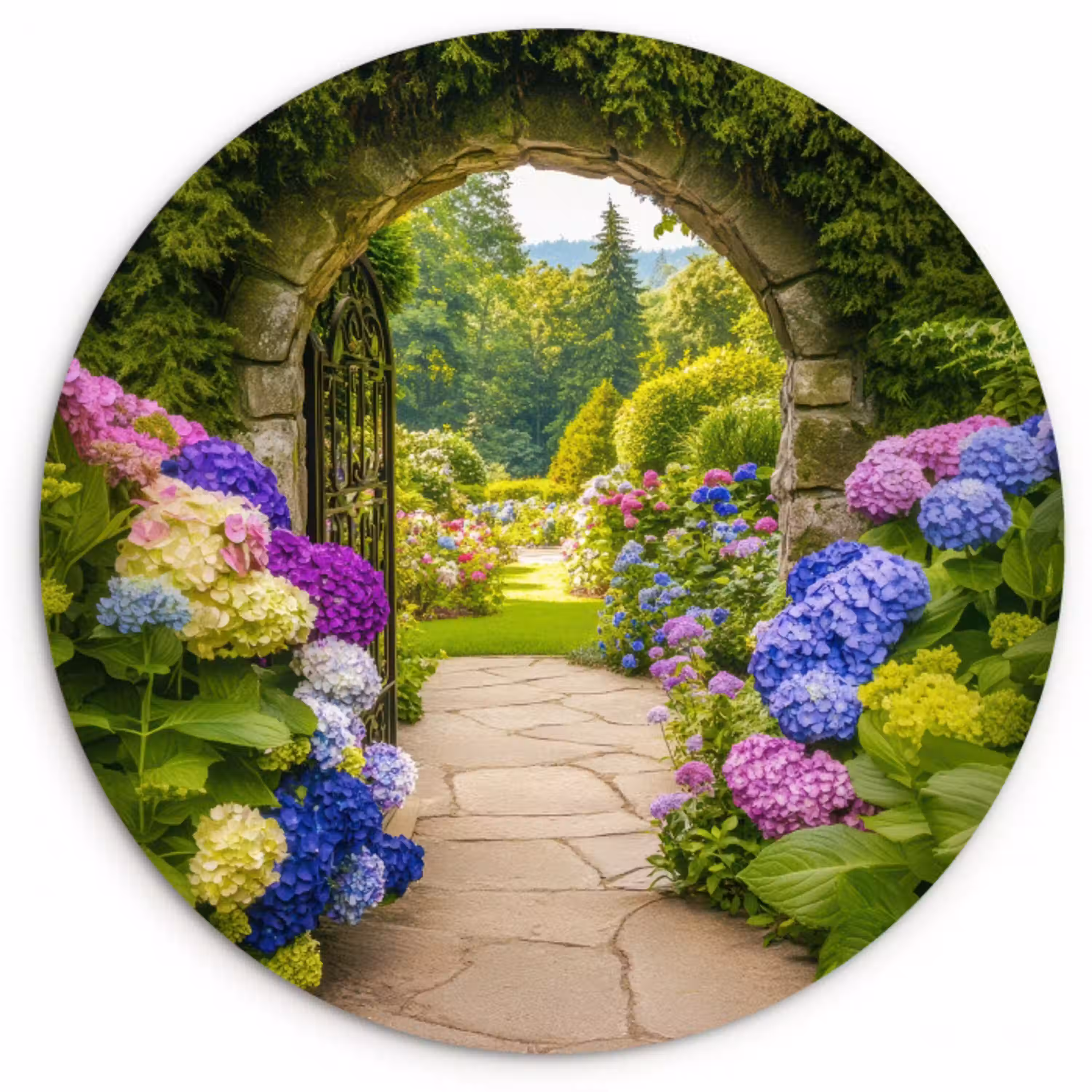 Doorkijk - Poort - Hortensia - Bloementuin Wandcirkel kunststof plaat 5mm dik klein -3d