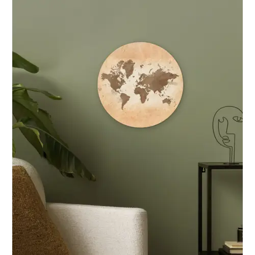 Wereldkaart - Beige - Bruin Wandcirkel plexiglas klein -sfeer3