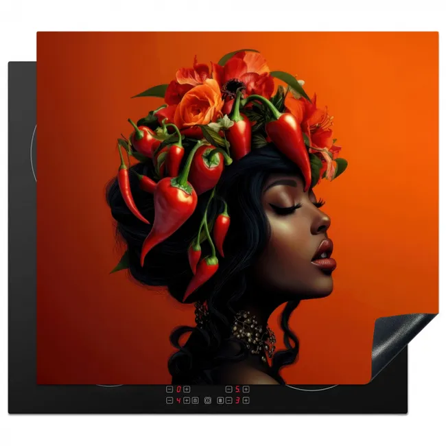 Vrouw - Chilipepers - Pepers - Bloemen Inductie beschermer vinyl 3mm middel -3d