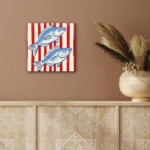Vissen - Verticale strepen - Blauw - Rood aluminium wit klein -sfeer4