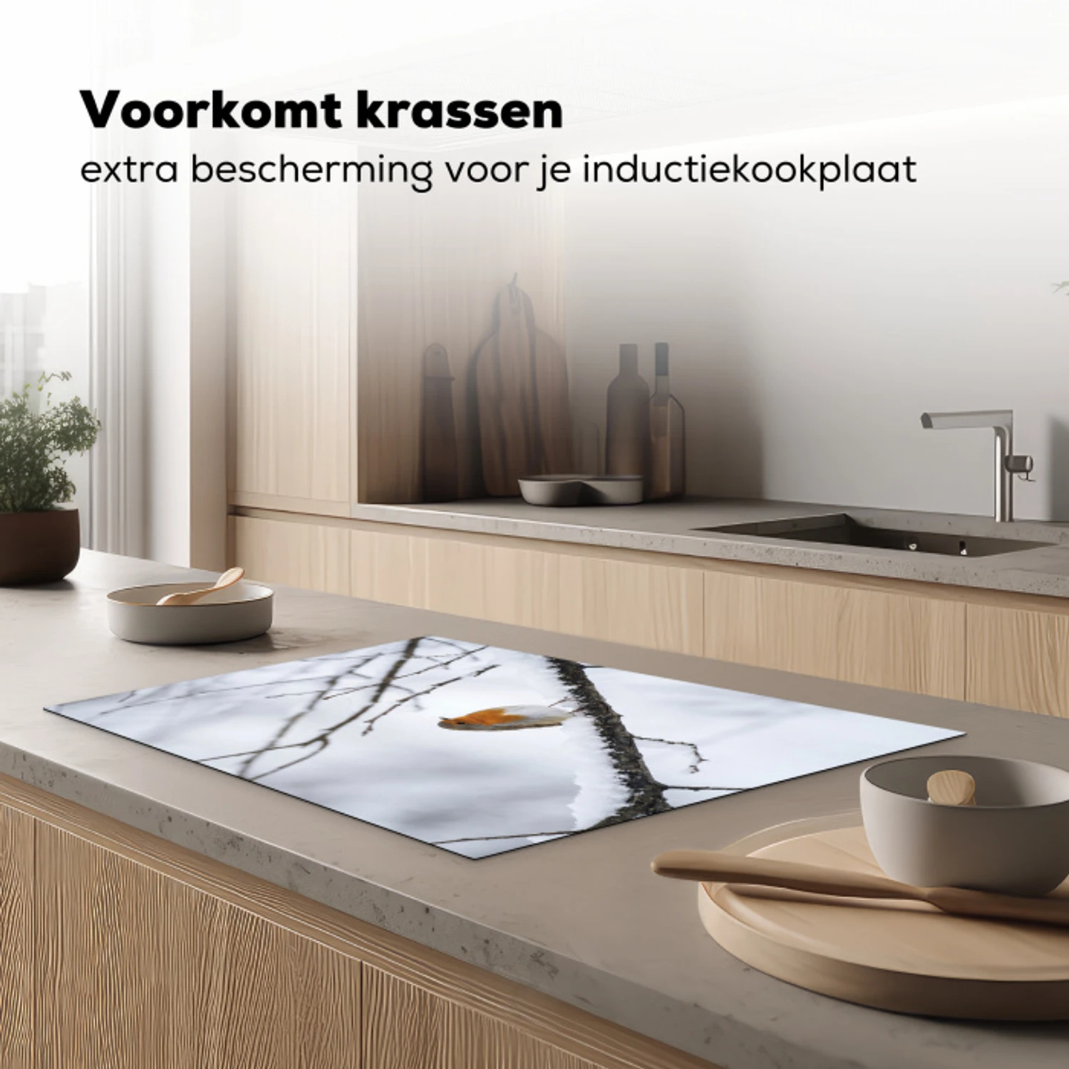 Roodborstje - Tak - Sneeuw - Winter - Levendig Inductie beschermer vinyl 3mm klein -sfeer1