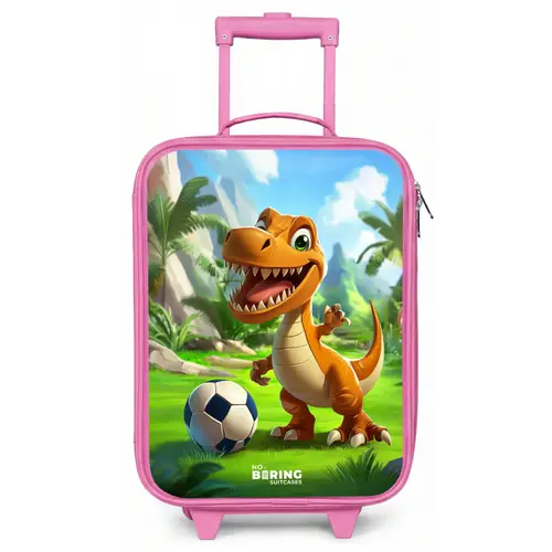 Dino met een voetbal in groen landschap Kinderkoffer - Roze klein -zz3dotto