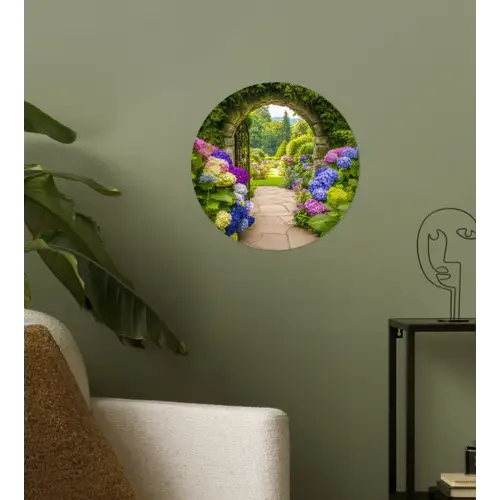 Doorkijk - Poort - Hortensia - Bloementuin Wandcirkel behangsticker klein -sfeer2