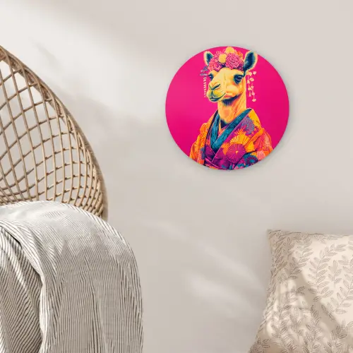 Kameel - Bloemen - Kimono - Waaiers Wandcirkel kunststof plaat 5mm dik klein -sfeer5