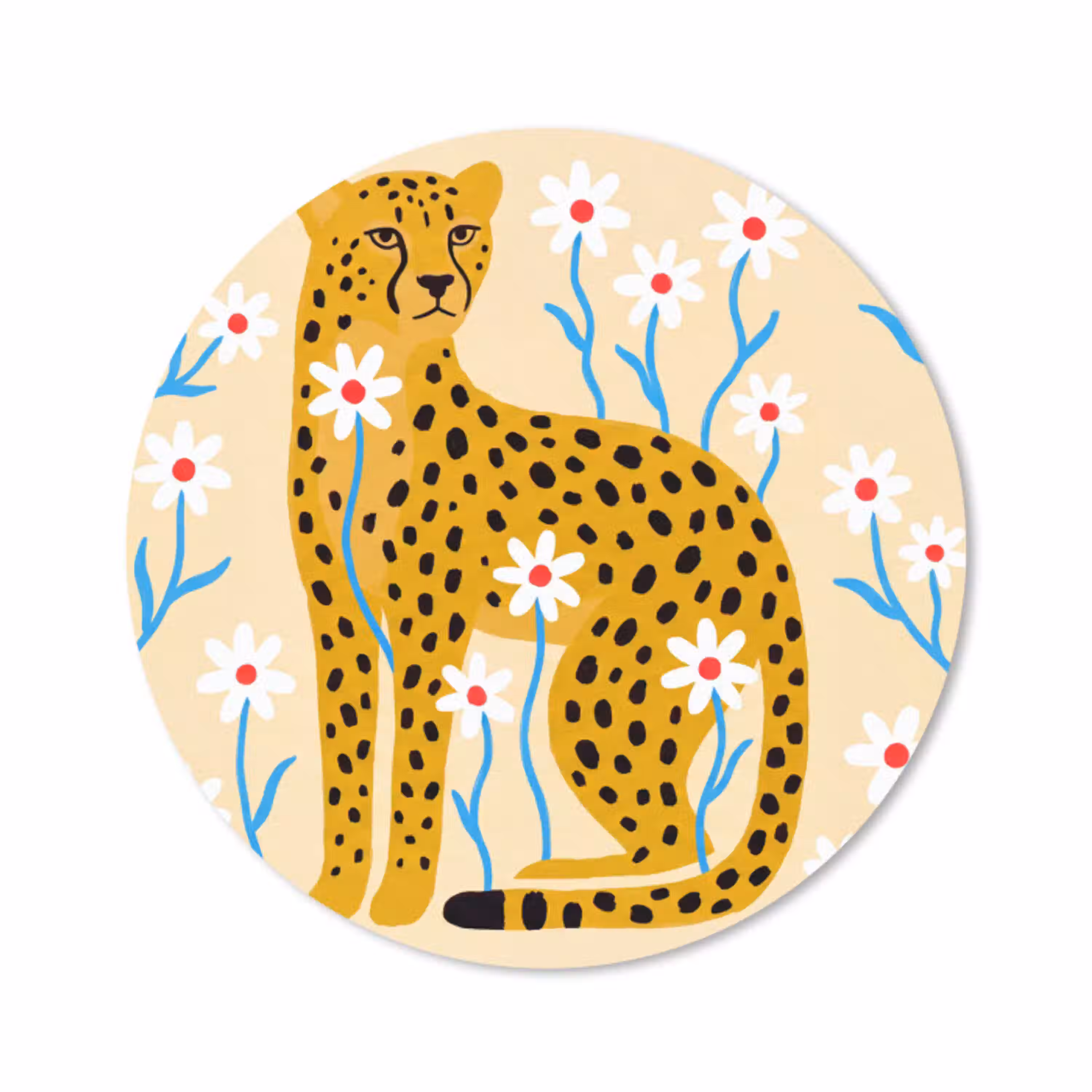 Dieren - Jachtluipaard - Bloemen - Modern - Geel Muismat rond klein -3d