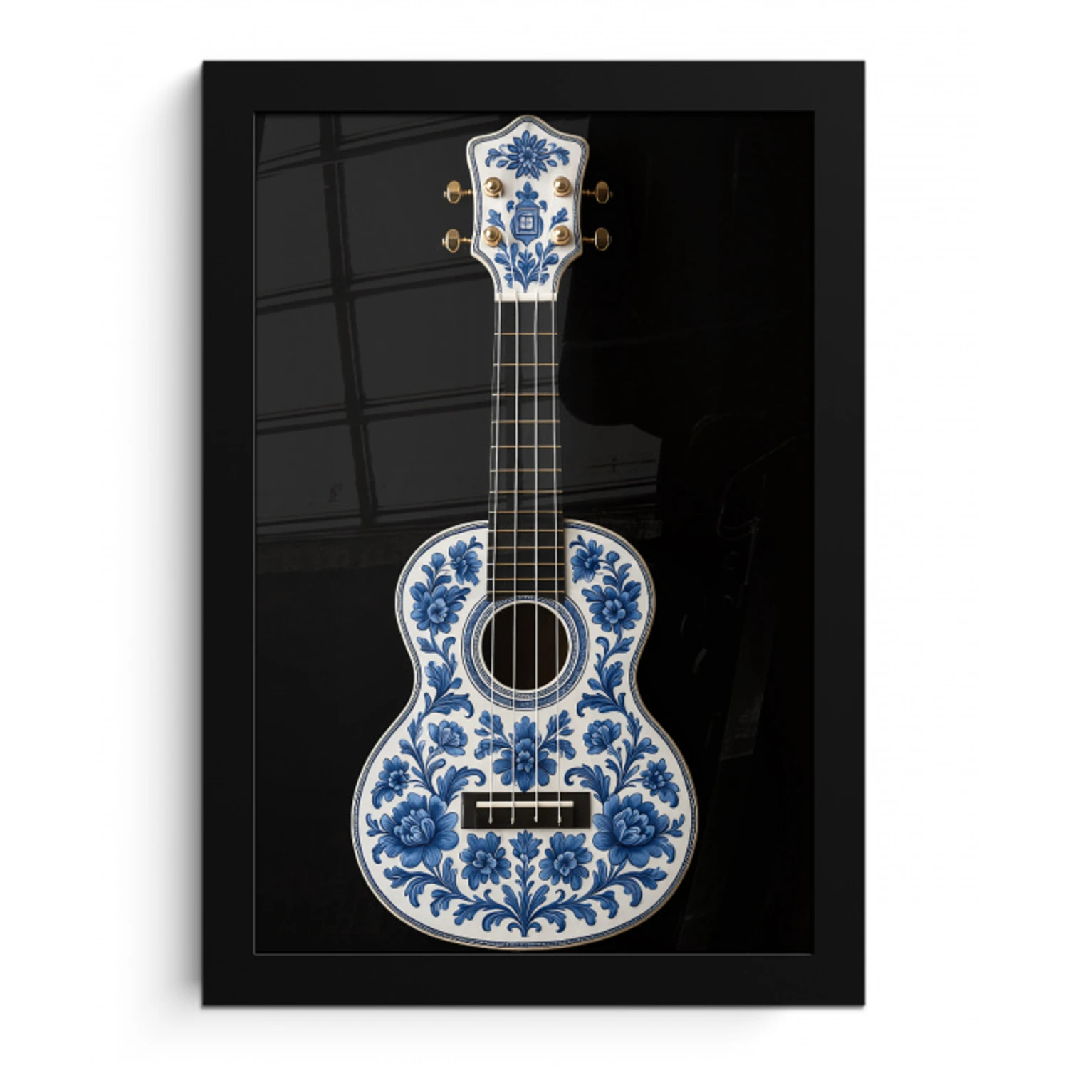 Ukelele - Delfts - Blauw - Muziek fotolijst zwart zonder passe partout klein -3d